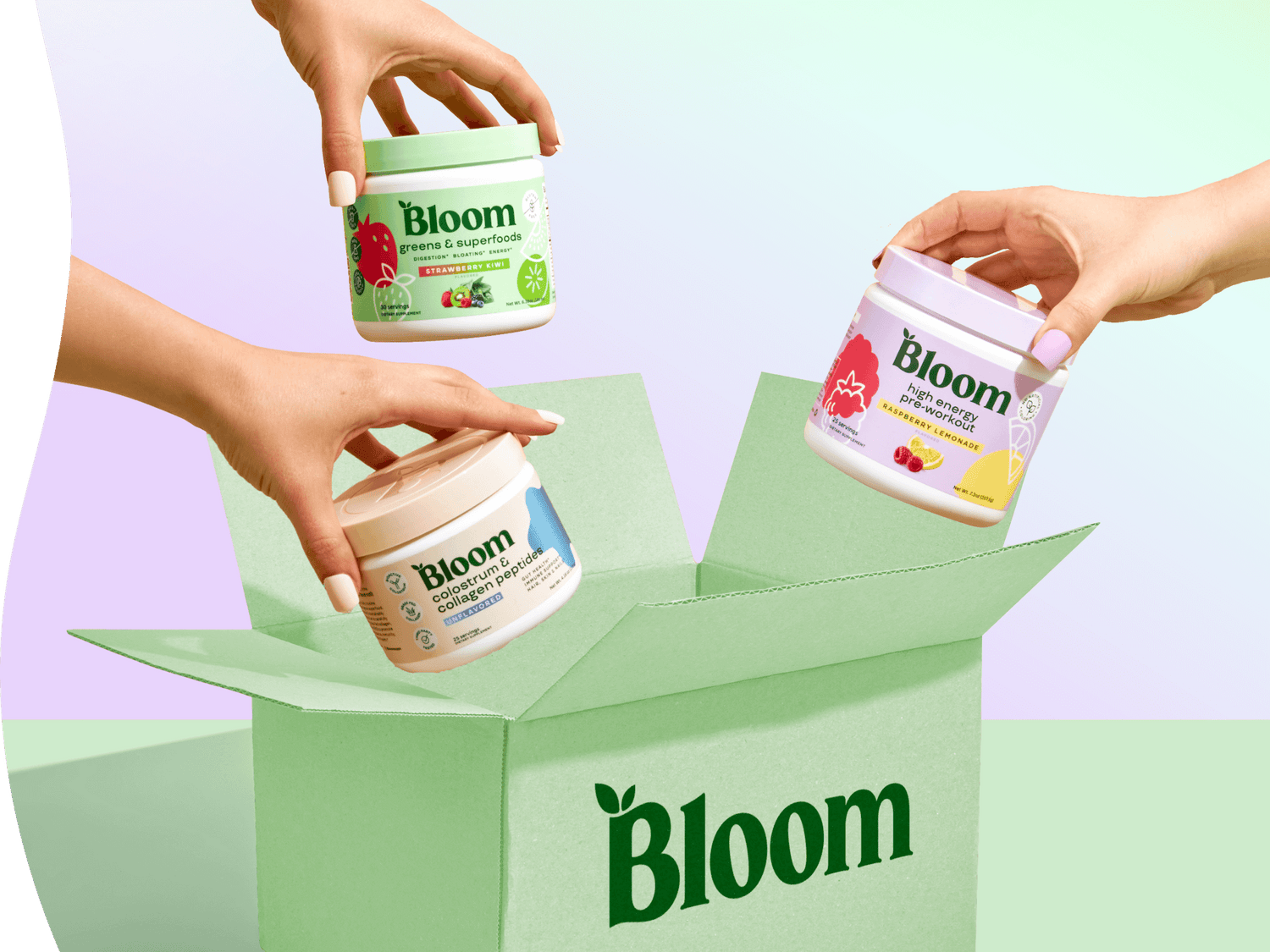 Bloom supplements arranged in a green box